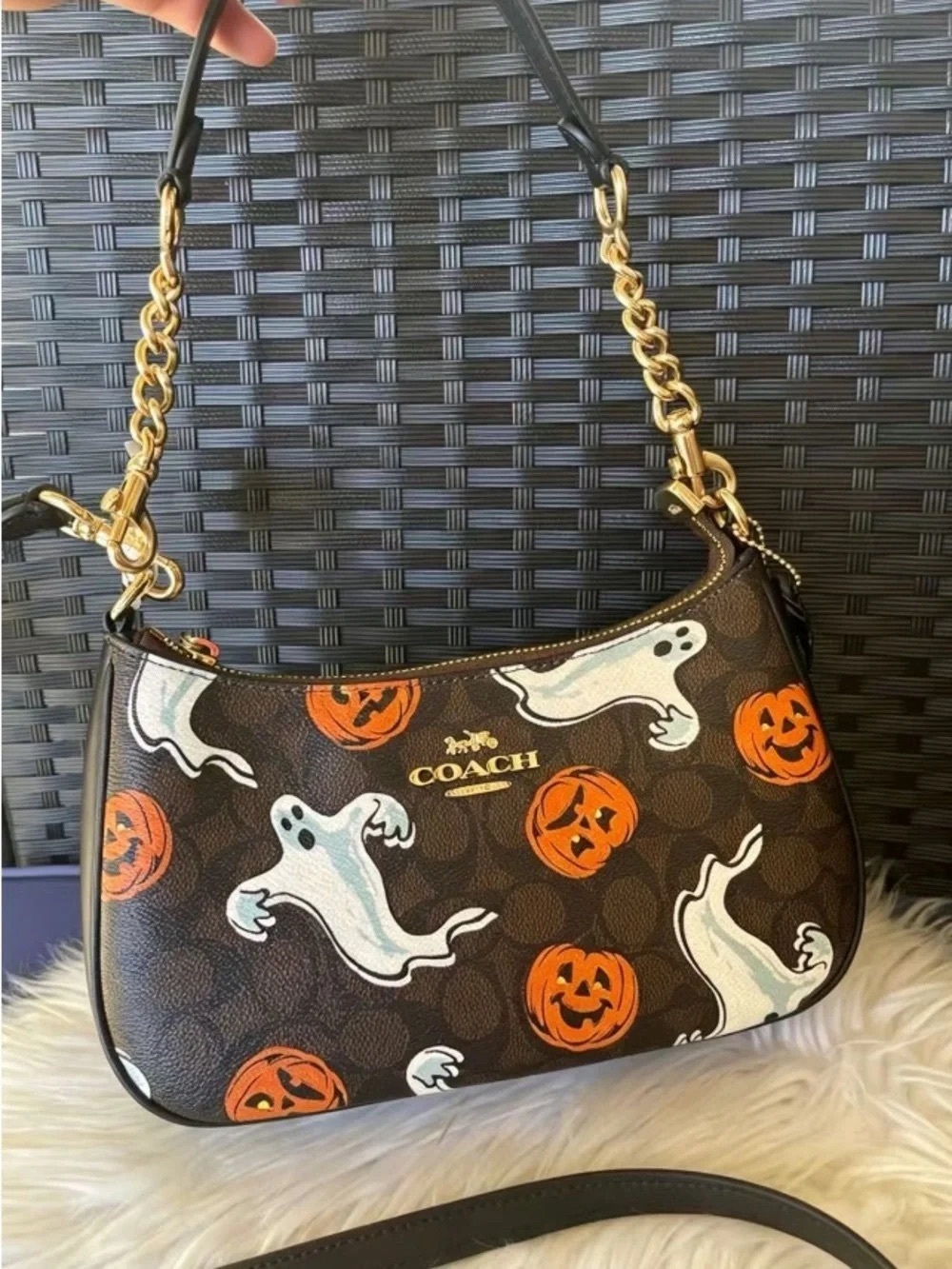 Coach Brown Shoulder Bag with White Ghosts & Orange Pumpkins